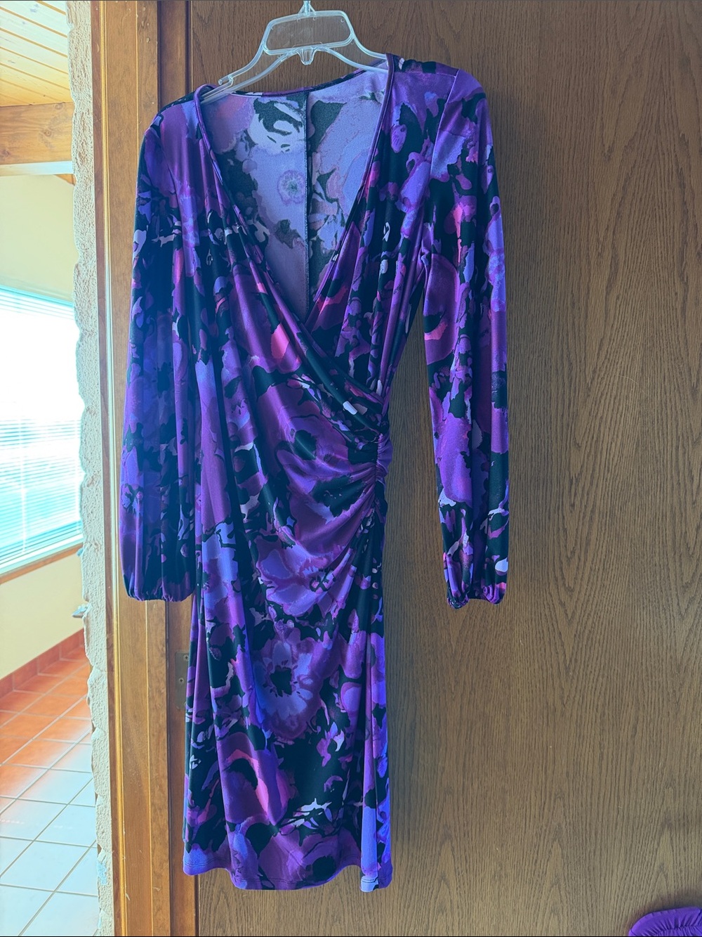 Purple Floral Ruched Wrap-Style Long Sleeve Dress